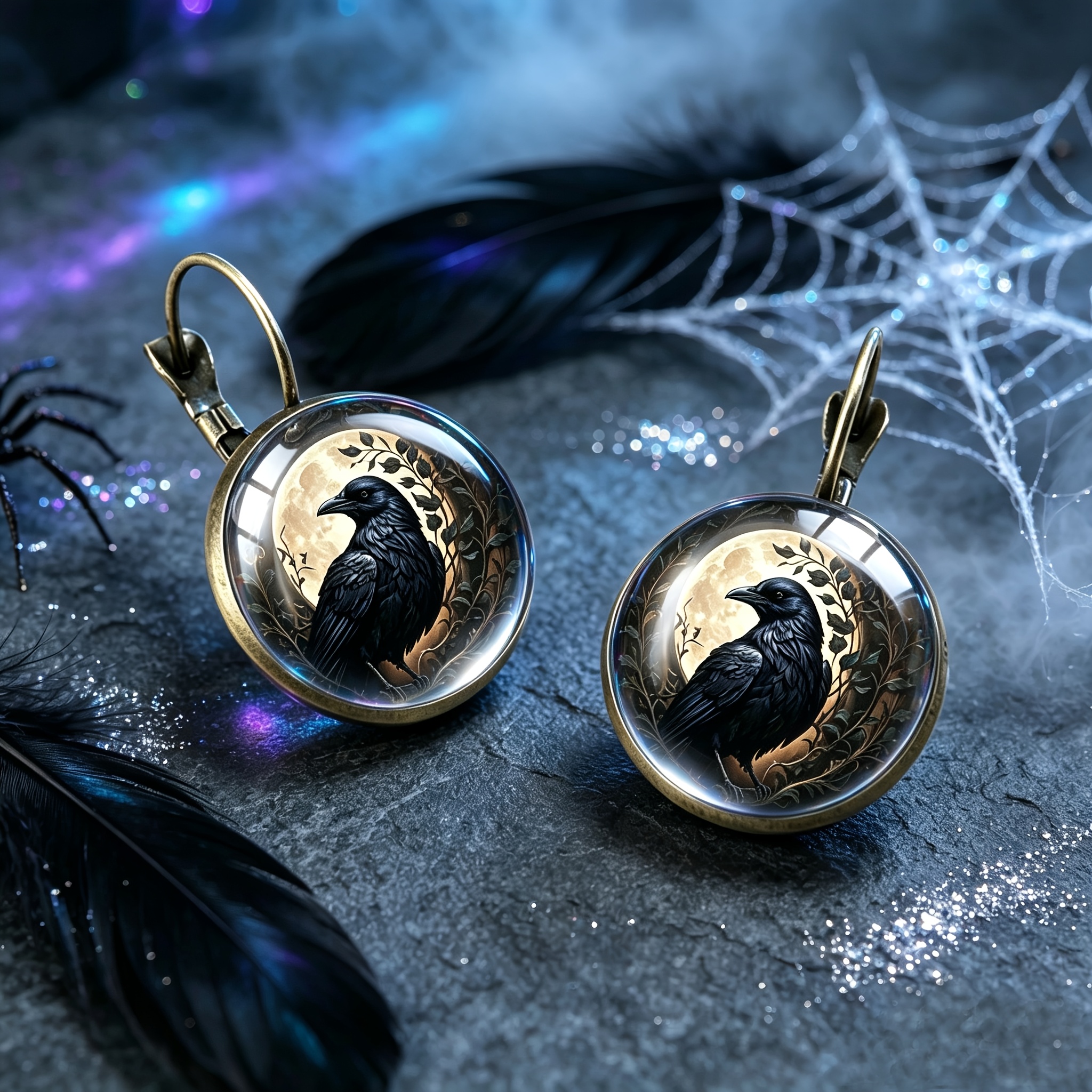 Halloween Full Moon Crow Gothic Drop Earrings, Dark Style